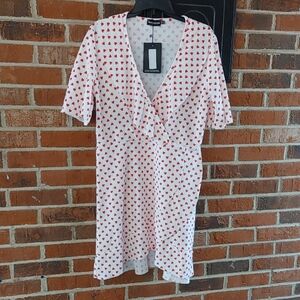 Pretty Little Thing Red and White Faux Wrap Heart Dress Size 14